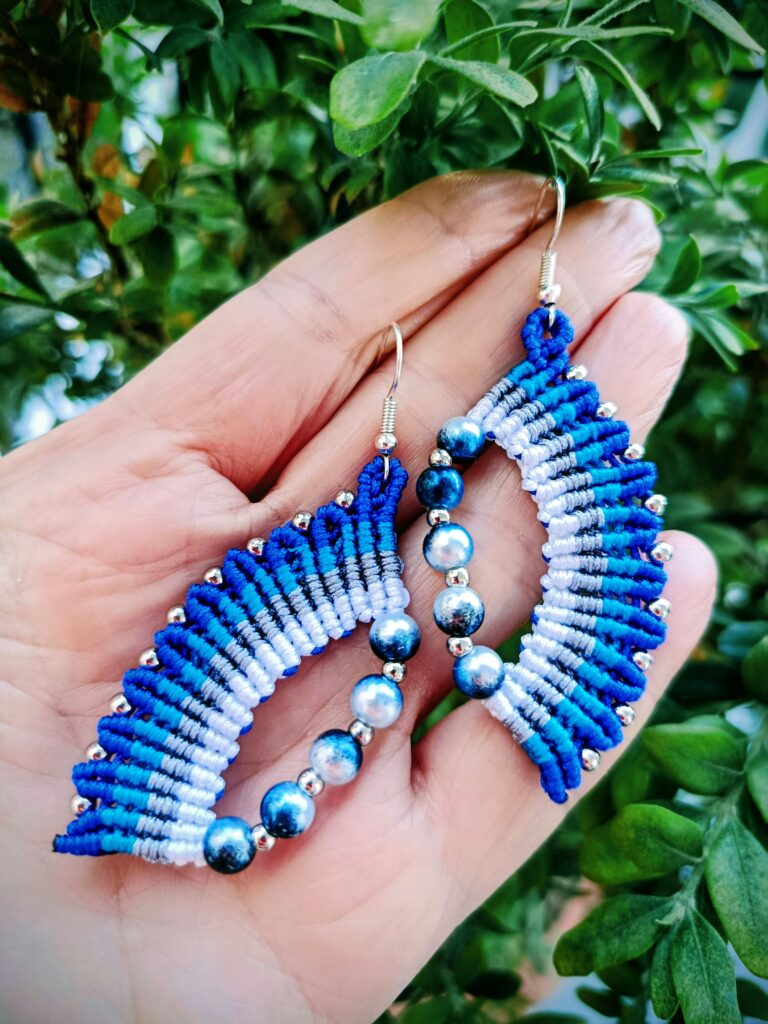 Boho σκουλαρίκια γυναικεία micro macrame μπλέ ασημί