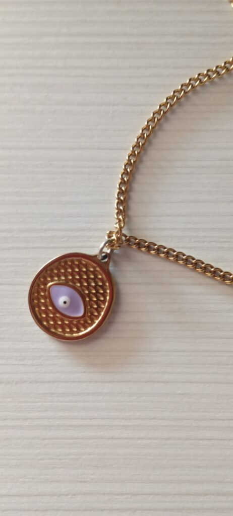 Χειροποίητο, ατσάλινο επίχρυσο κολιέ purple eye