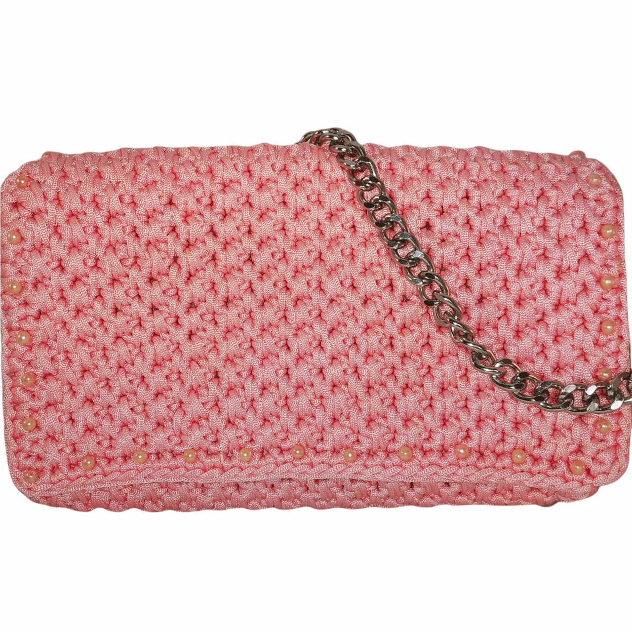 Χειροποίητο πλεκτό ροζ clutch με πέρλες
