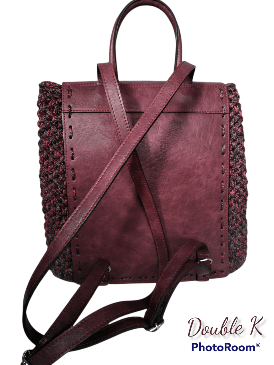 Χειροποίητη πλεκτή τσάντα backpack σε μπορντομελιτζανί
