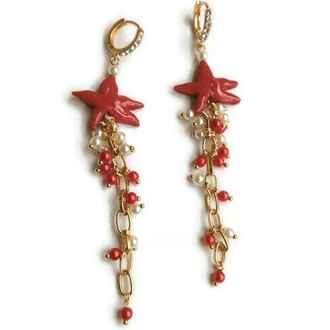 Sea Star | Σκουλαρίκια κρεμαστά από πολυμερικό πηλό με υγρό γυαλί και πέρλες