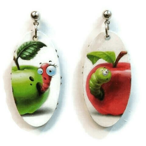 Χειροποίητα Ξύλινα Σκουλαρίκια | Cute worm in the apple