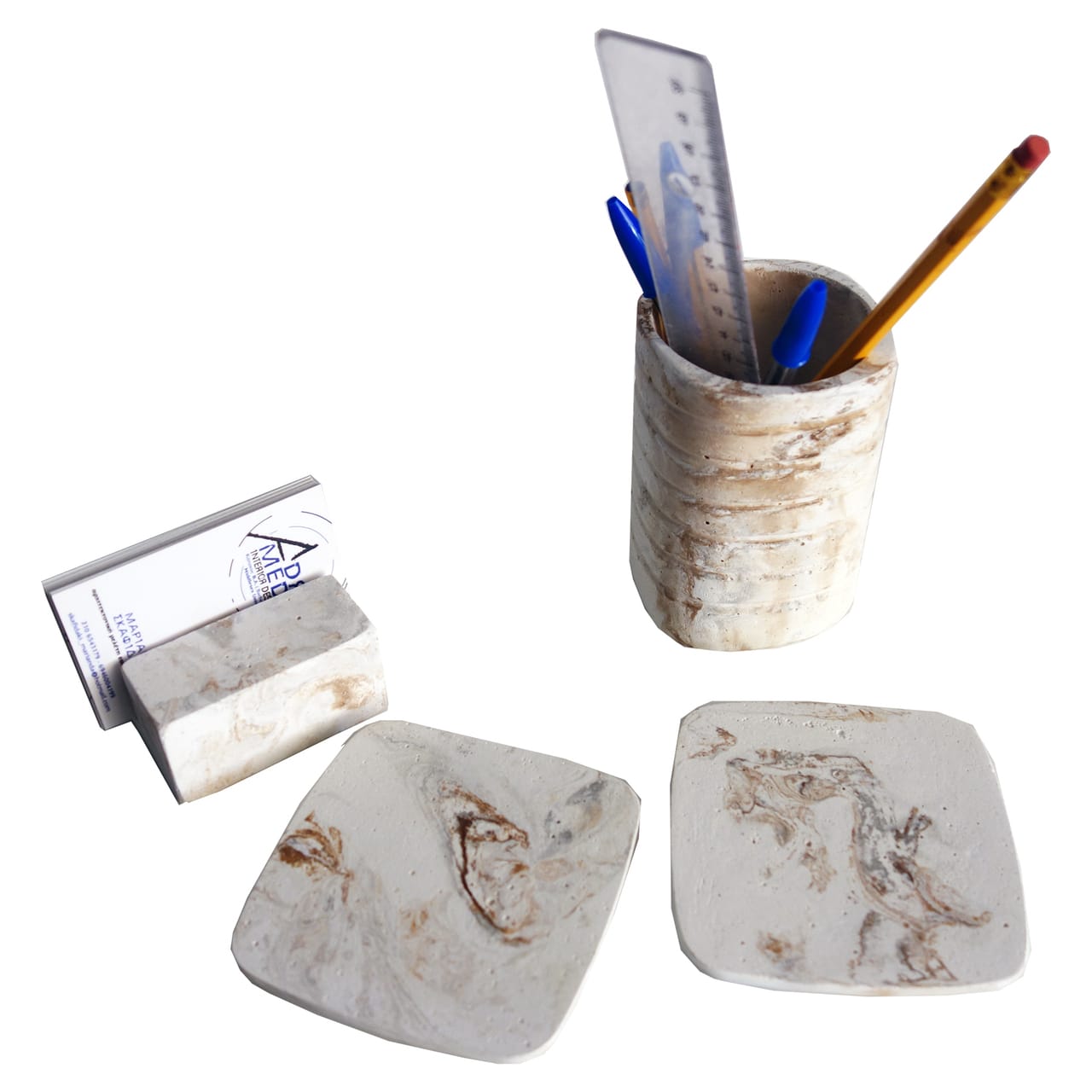 Σετ 4τεμ. “Office Kit” – εφέ μάρμαρο λευκό – καφέ – γκρι
