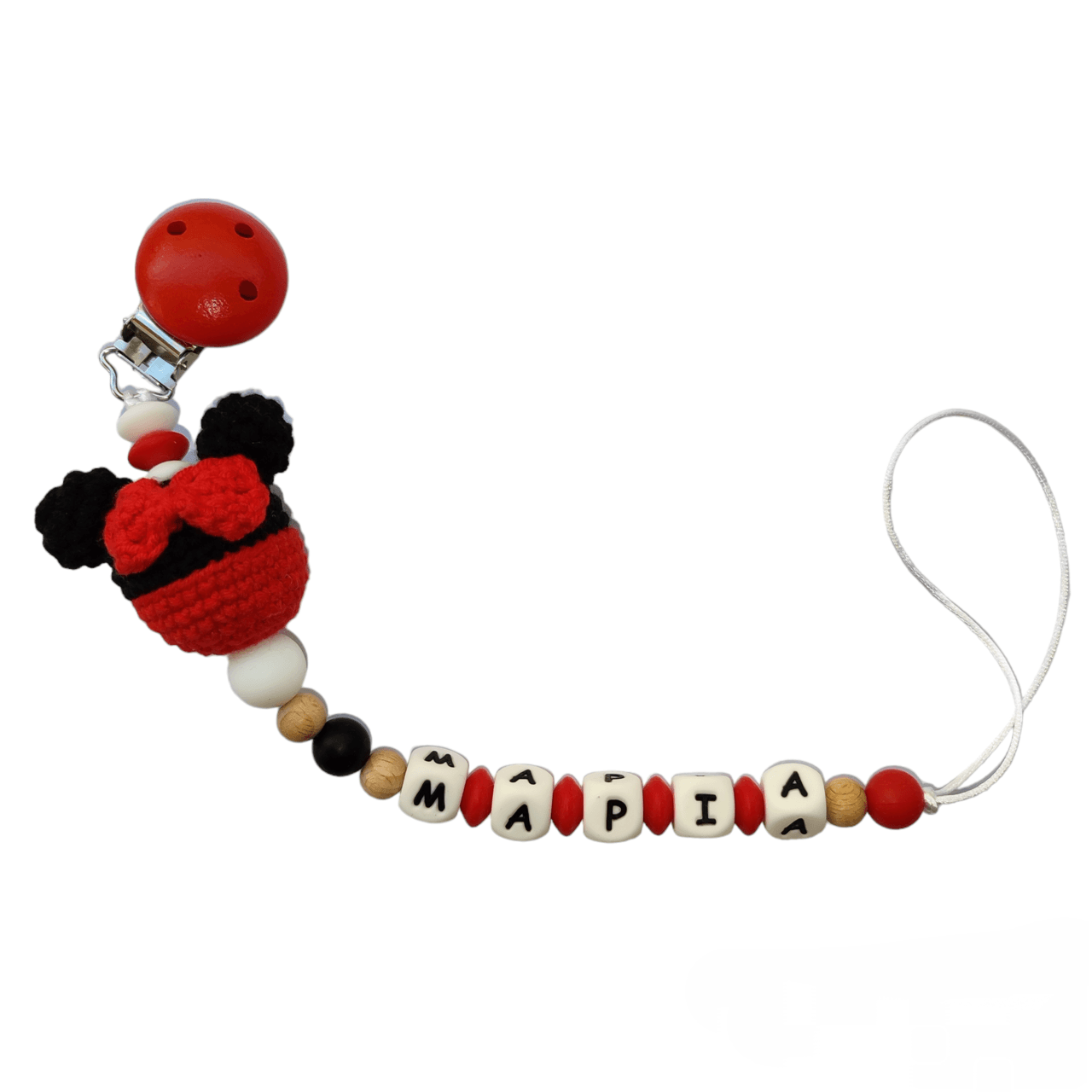Κλιπ πιπίλας κόκκινο μαύρο Minnie με όνομα