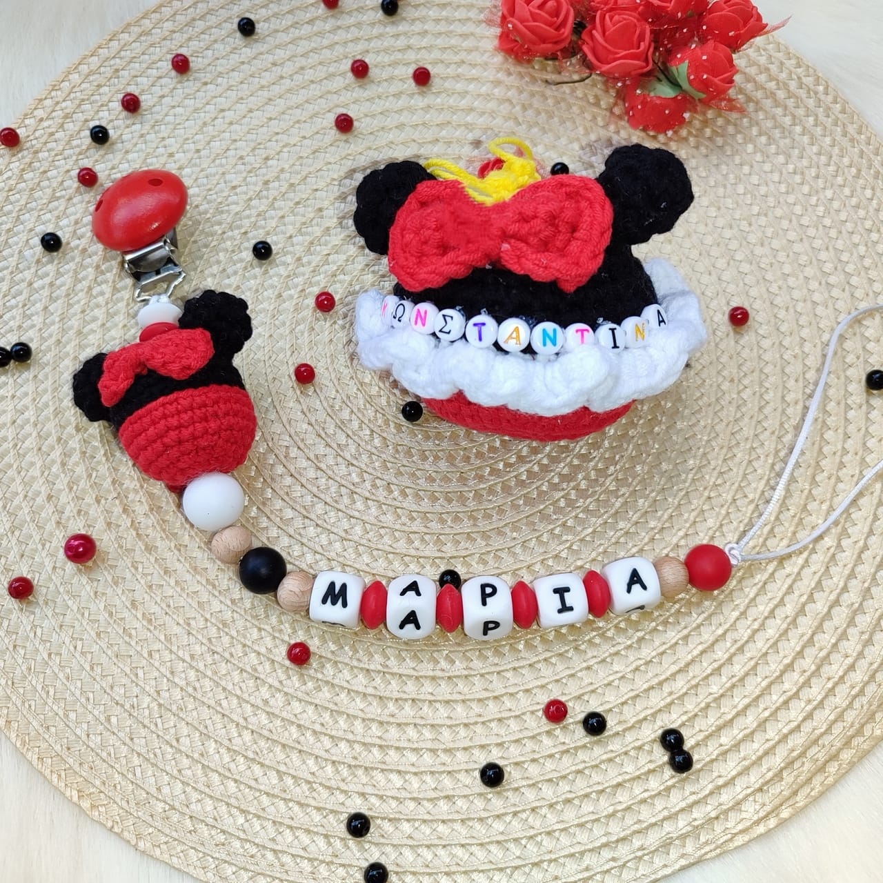Κλιπ πιπίλας κόκκινο μαύρο Minnie με όνομα