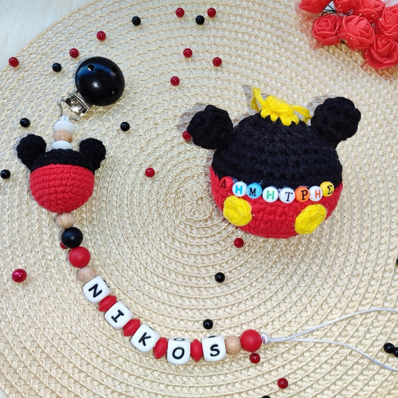 Κλιπ πιπίλας κόκκινο μαύρο Mickey με όνομα