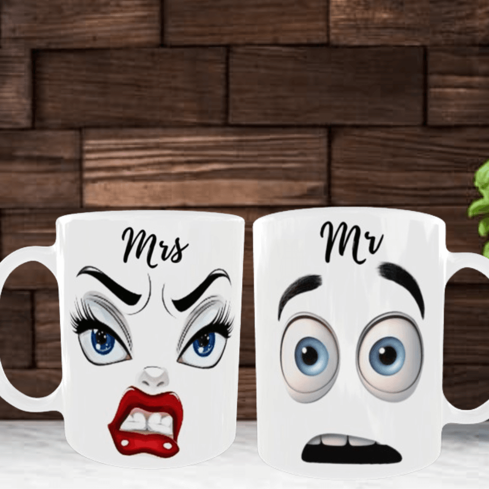 Κεραμικές λευκές κούπες 325 ml χιουμοριστική MR & MRS
