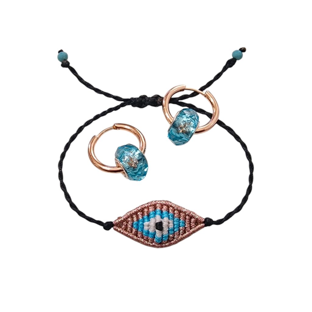 Σετ βραχιόλι boho chic μάτι χειροποίητο μακραμέ και σκουλαρίκια ατσάλινοι κρίκοι ροζ χρυσό