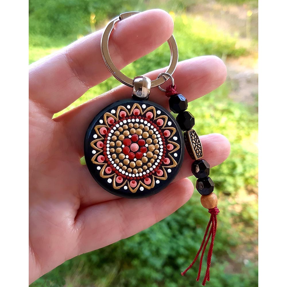 Mπρελόκ mandala κόκκινο χρυσό, ζωγραφισμένο στο χέρι