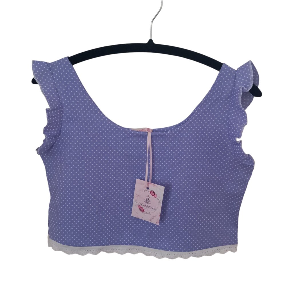 Χειροποίητο crop top πουά μωβ με βολάν