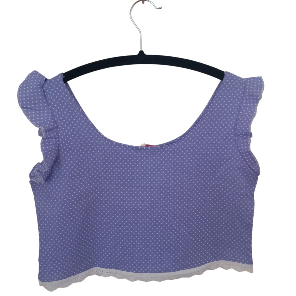 Χειροποίητο crop top πουά μωβ με βολάν