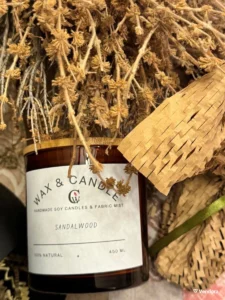 Αρωματικό Κερί Σόγιας 450ml με Άρωμα Σανδαλόξυλο με Διπλό Ξύλινο Φυτίλι & Δώρο Wax Melts