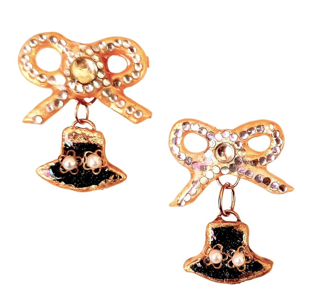 Χειροποίητα Σκουλαρίκια -earring hat- από πολυμερή πηλό, υγρό γυαλί, ζιργκόν και πέρλες