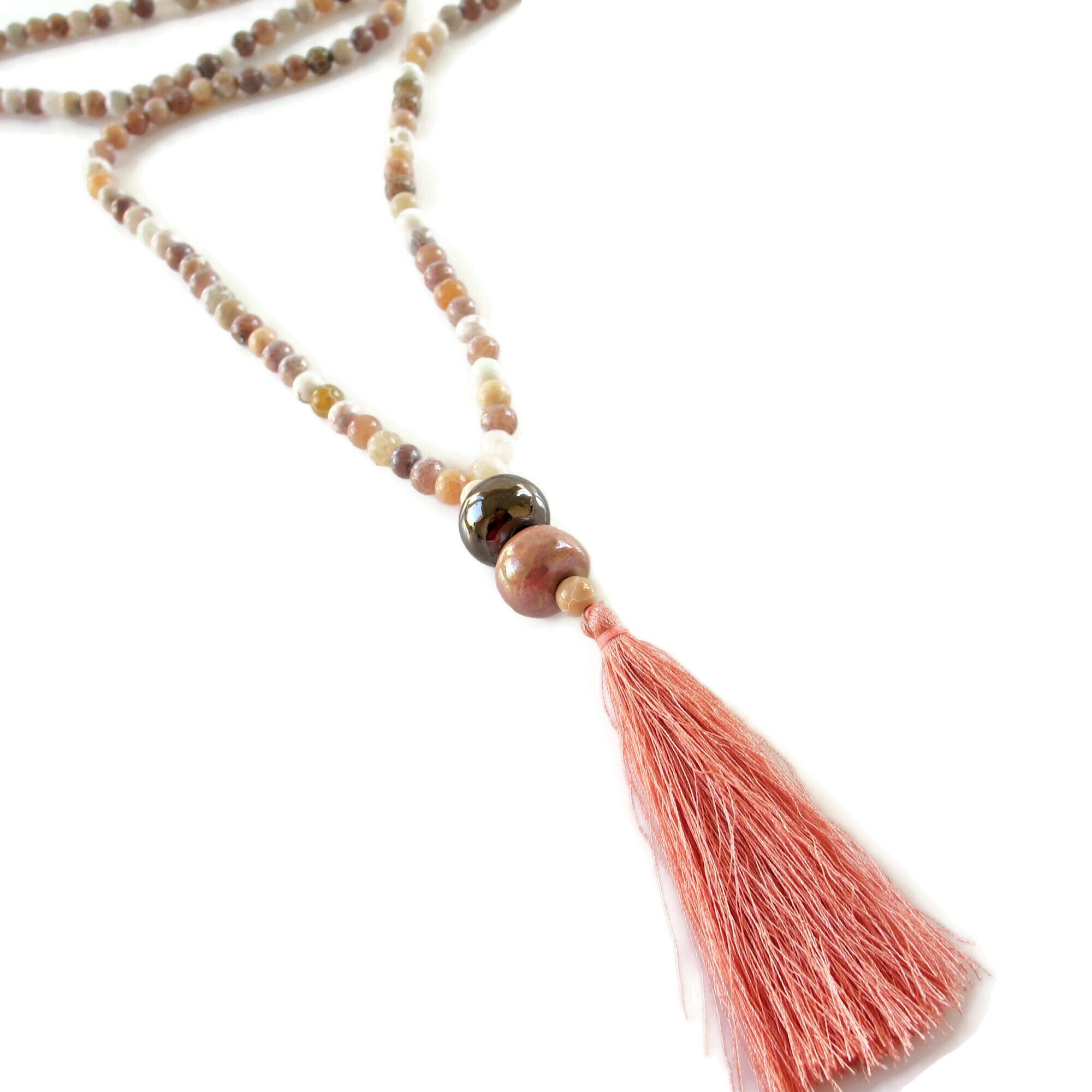 Beige Agate Μακρύ κολιέ από Αχάτη