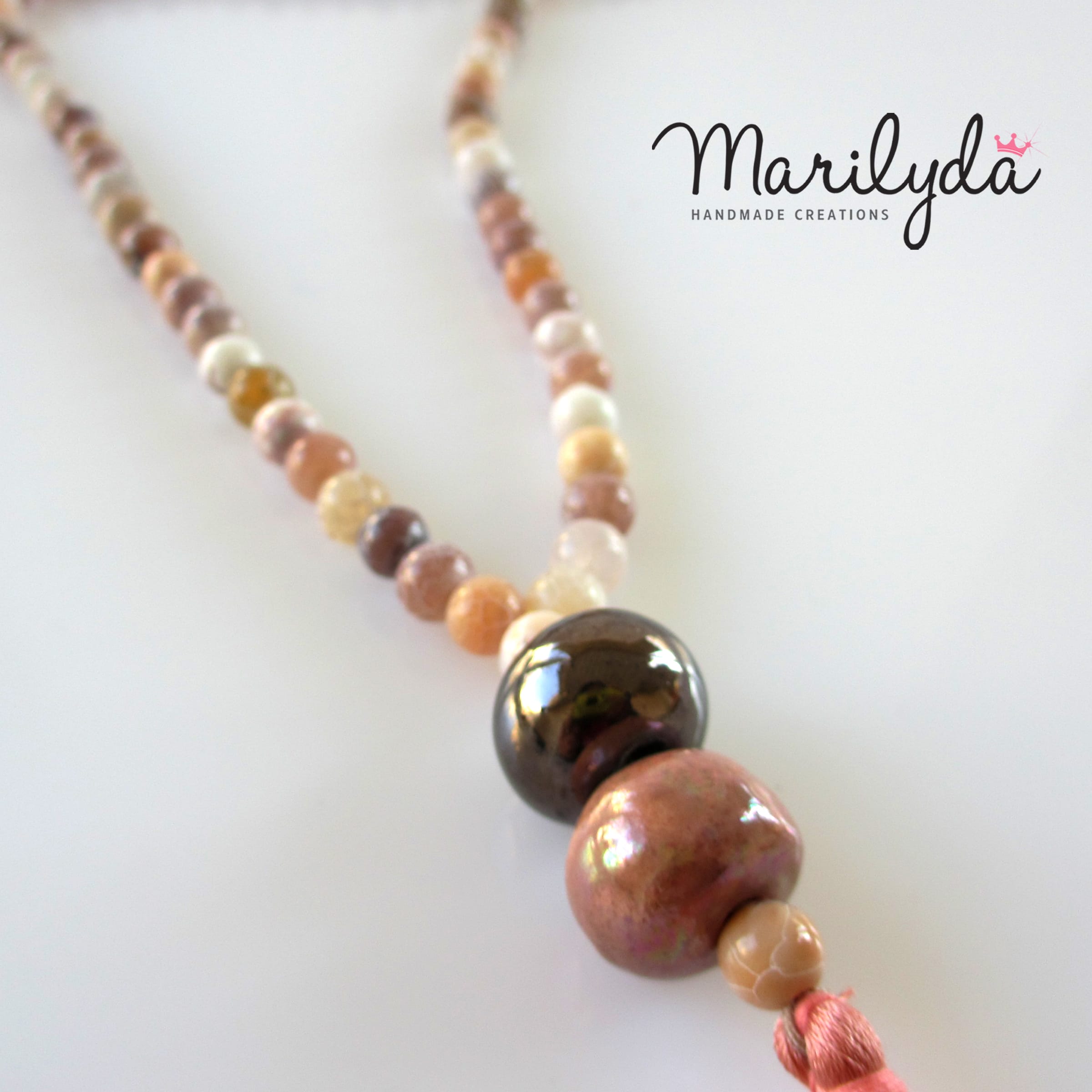 Beige Agate Μακρύ κολιέ από Αχάτη