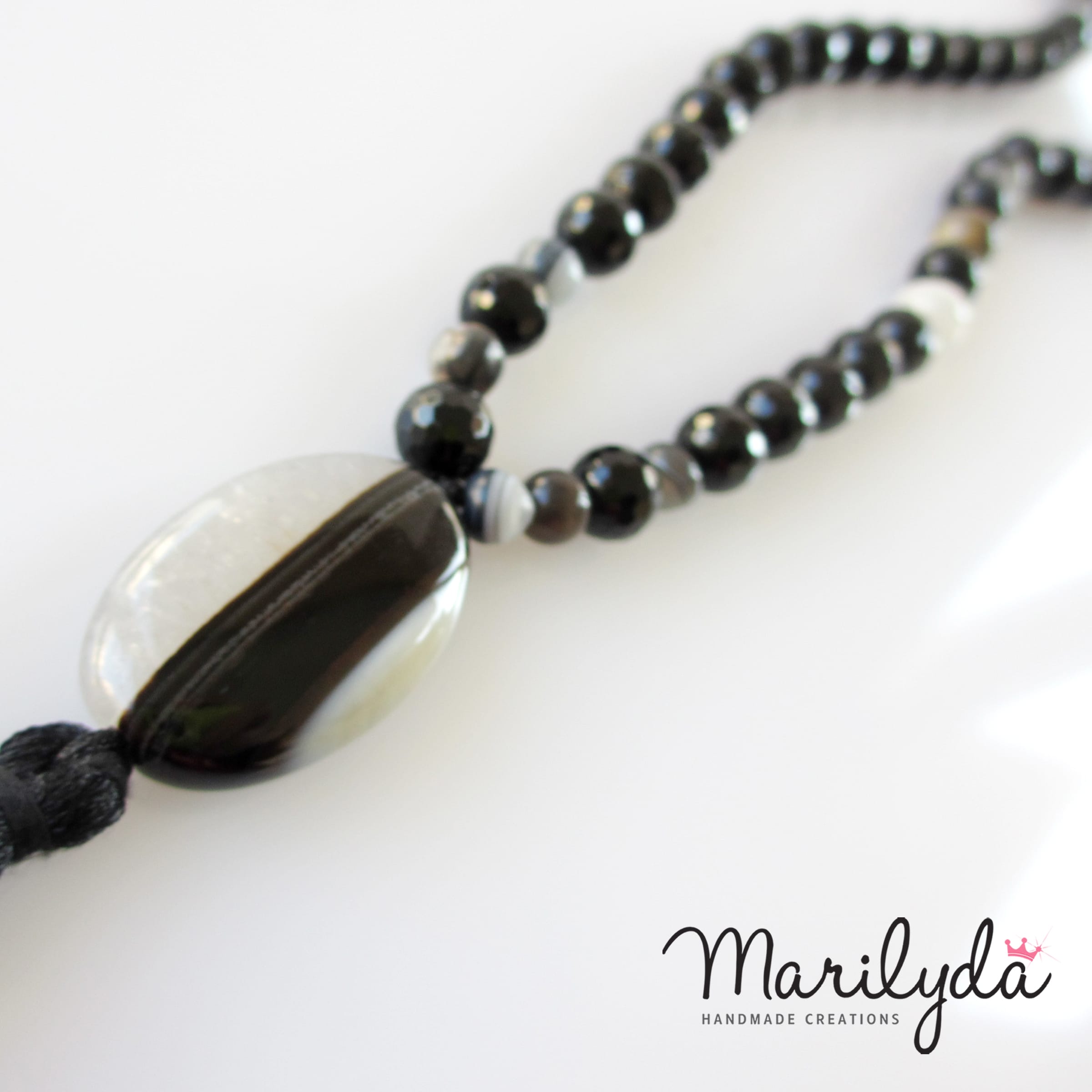 Μακρύ κολιέ - Black agate diamond cut