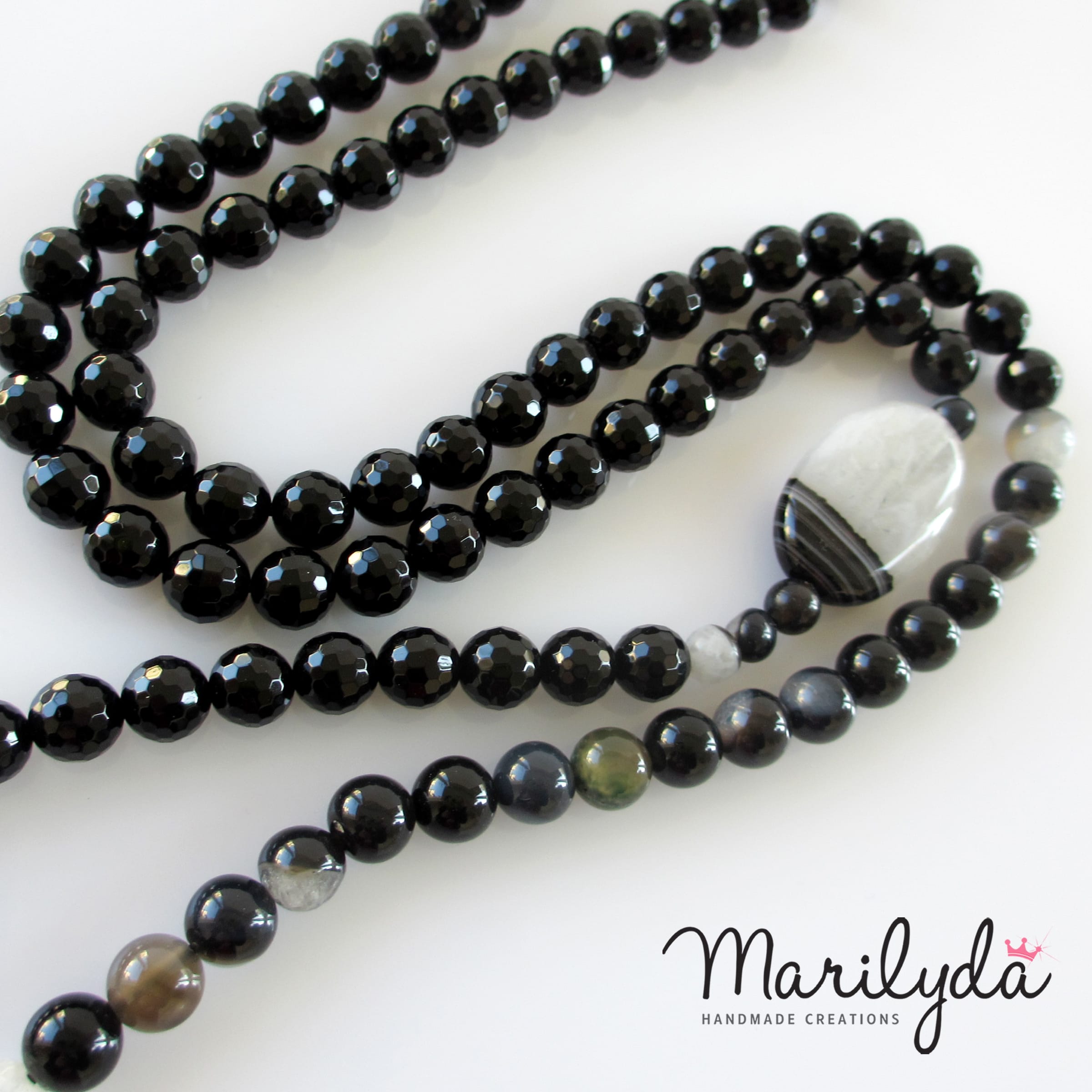 Μακρύ κολιέ - Black agate diamond cut