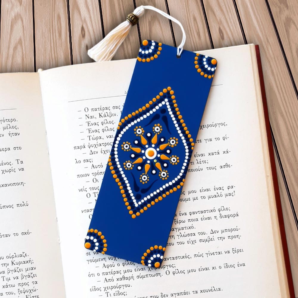 Σελιδοδείκτης ξύλινος, μπλε, mandala, ζωγραφισμένος στο χέρι 15x5x0,2 εκ.