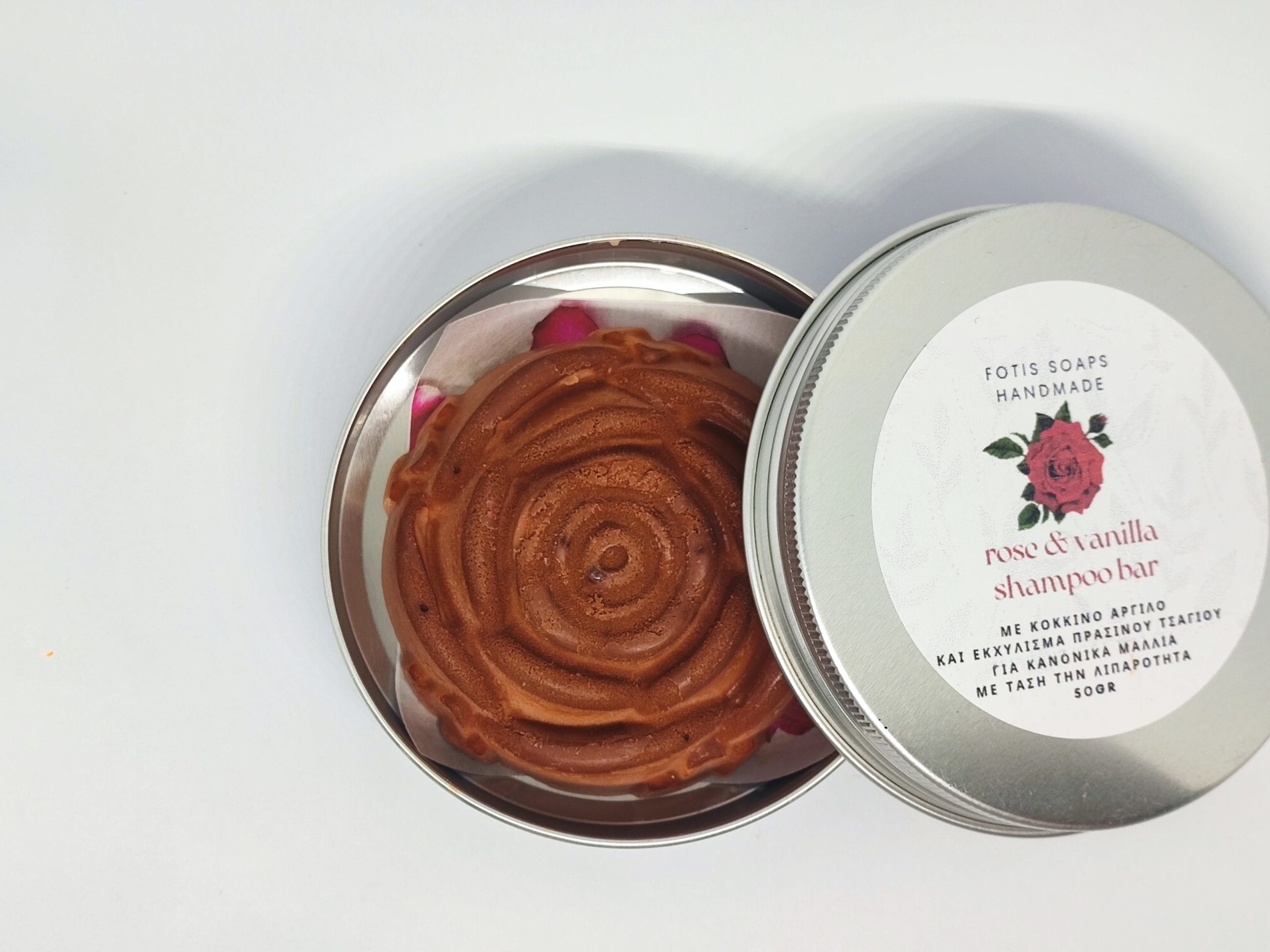Shampoo bar rose & vanilla με κόκκινο άργιλο για κανονικά μαλλιά με τάση στην λιπαρότητα 50γρ