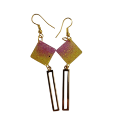Κρεμαστά σκουλαρίκια από υγρό γυαλί ροζ -κιτρινο