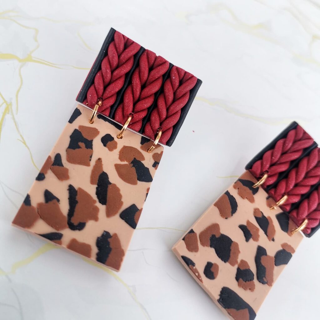 Χειροποίητα σκουλαρίκια "woolen leopard", Μπορντό, μαύρο, λεοπαρ