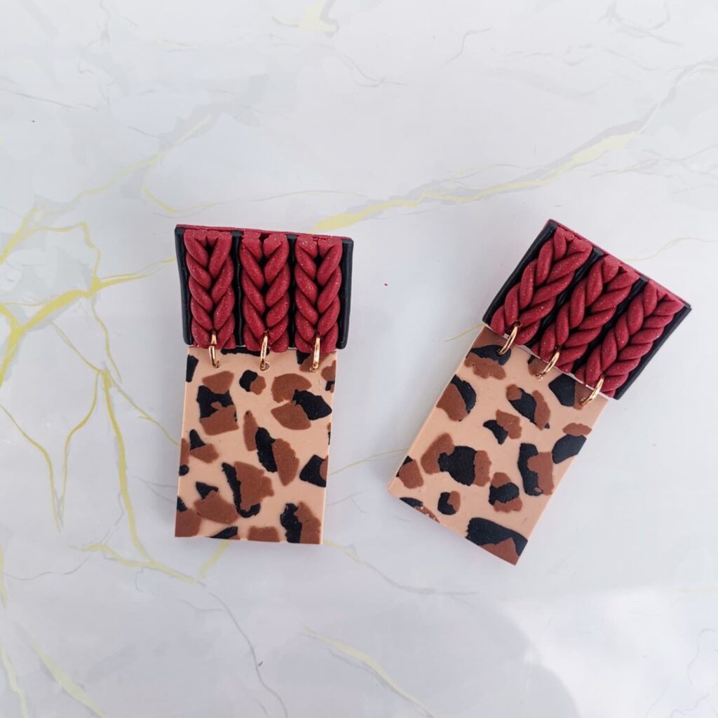 Χειροποίητα σκουλαρίκια "woolen leopard", Μπορντό, μαύρο, λεοπαρ