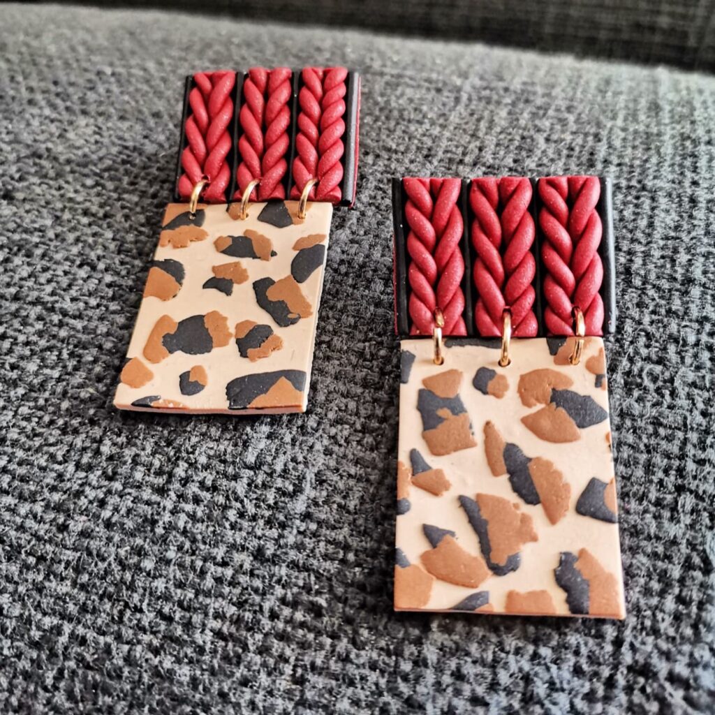 Χειροποίητα σκουλαρίκια "woolen leopard", Μπορντό, μαύρο, λεοπαρ