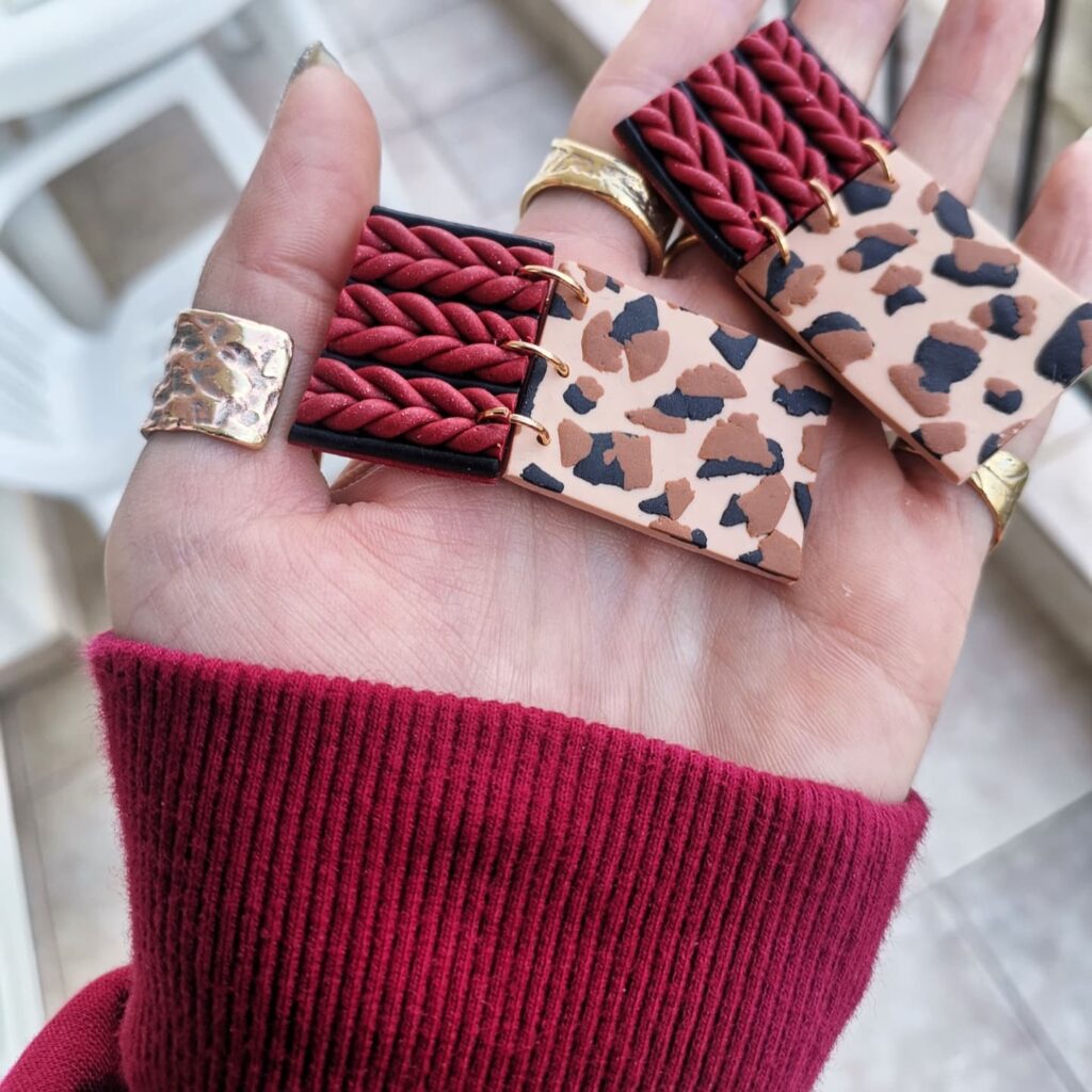Χειροποίητα σκουλαρίκια "woolen leopard", Μπορντό, μαύρο, λεοπαρ