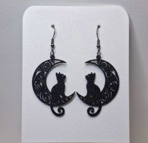 3D Printed Earrings ”Black Moon & Cat Silhouette”