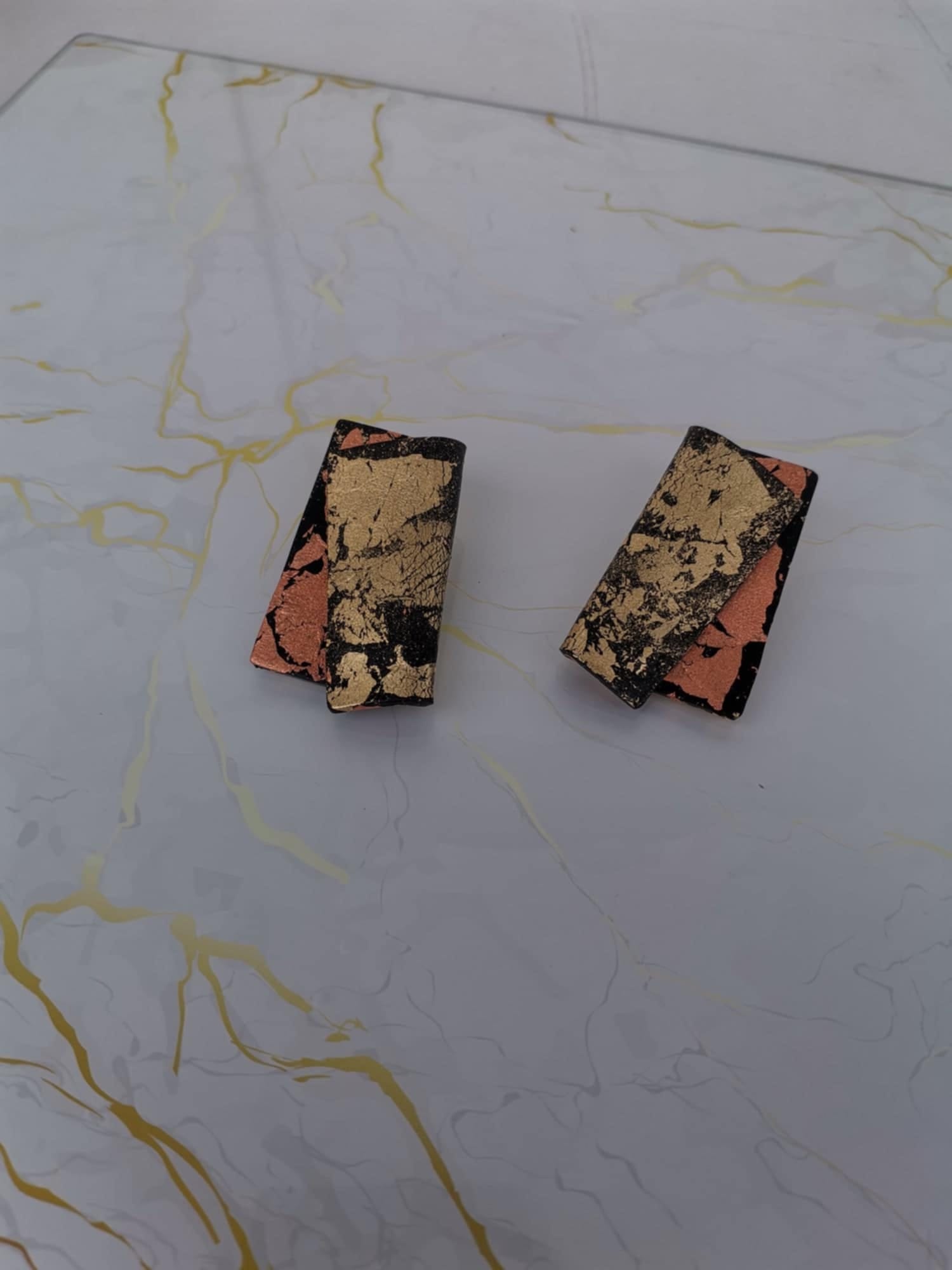 Handmade σκουλαρίκια “folded shine” μαύρο, χρυσό,ροζ χρυσό