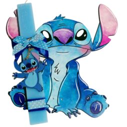 Πασχαλινή λαμπάδα Stitch με ξύλινο μπρελόκ και πλάτη