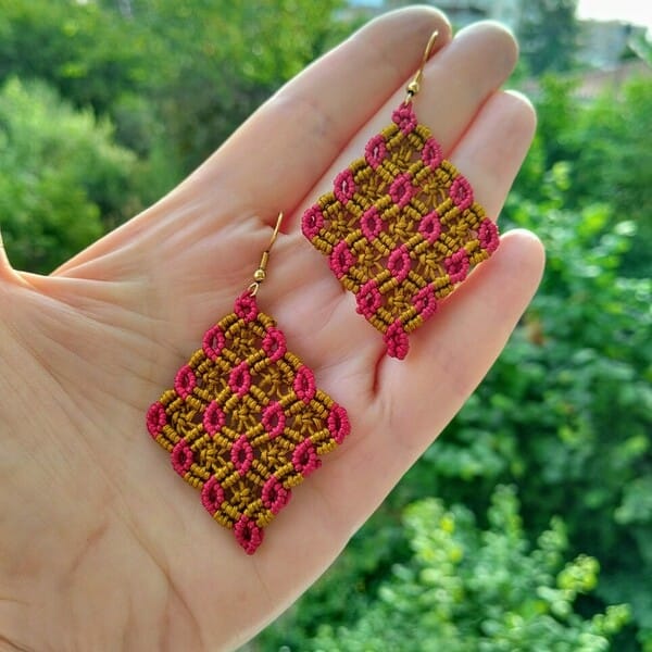 Ατσάλινα Σκουλαρίκια Boho Μακραμέ Ρόμβος σε Γεωμετρικό Σχέδιο