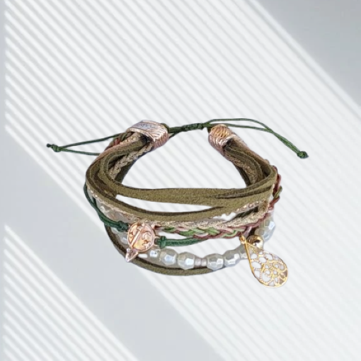 Πολύσειρο boho, handmade πράσινο/λαδί βραχιόλι.