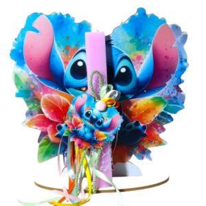 Πασχαλινή λαμπάδα Stitch με ξύλινο μαγνητάκι και πλάτη με βάση