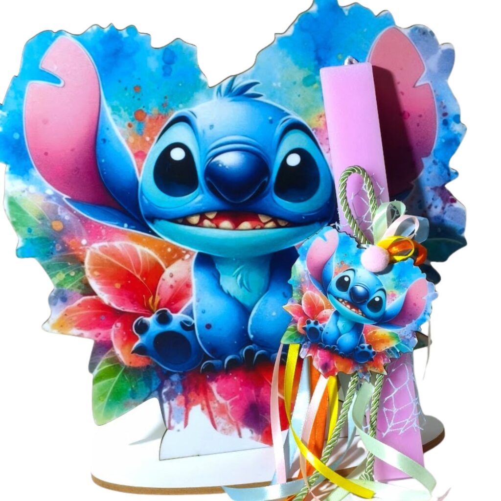 Πασχαλινή λαμπάδα Stitch με ξύλινο μαγνητάκι και πλάτη με βάση
