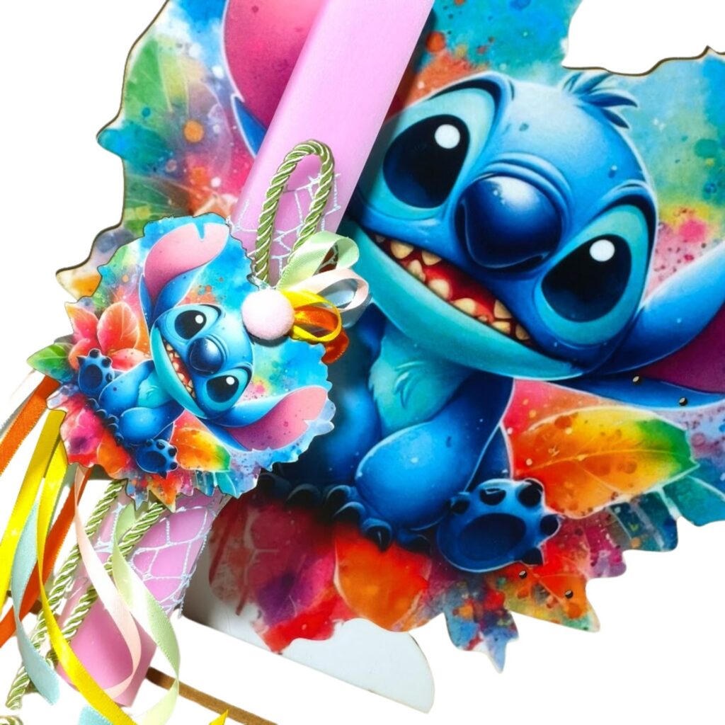 Πασχαλινή λαμπάδα Stitch με ξύλινο μαγνητάκι και πλάτη με βάση
