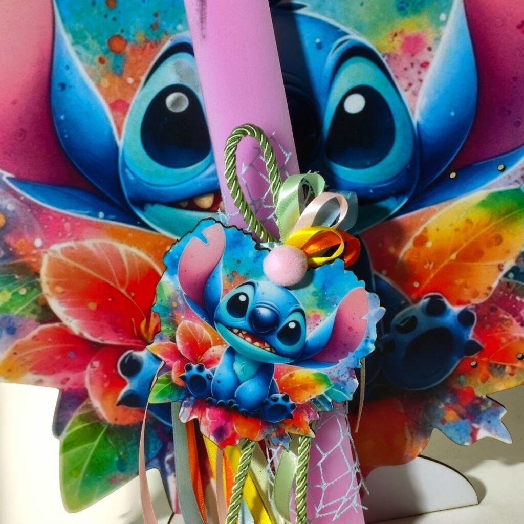 Πασχαλινή λαμπάδα Stitch με ξύλινο μαγνητάκι και πλάτη με βάση