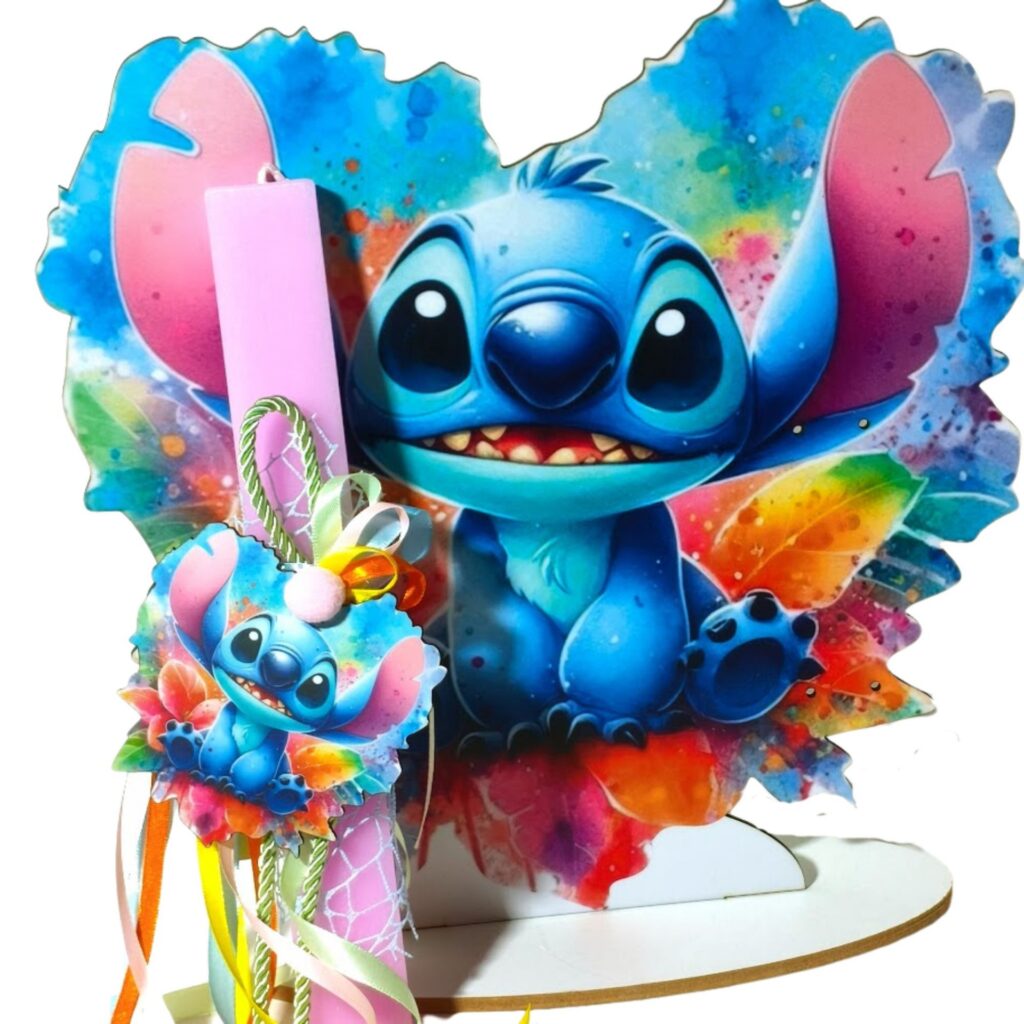 Πασχαλινή λαμπάδα Stitch με ξύλινο μαγνητάκι και πλάτη με βάση