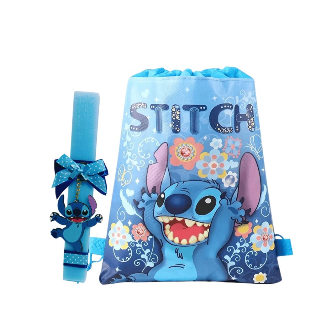 Πασχαλινή λαμπάδα Stitch με ξύλινο μπρελόκ και σακίδιο