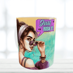 Κεραμική λευκή κούπα 325 ml - Pop art woman with quote "Just risk it"