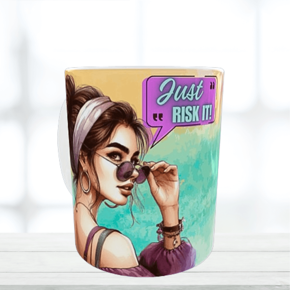 Κεραμική λευκή κούπα 325 ml – Pop art woman with quote “Just risk it”