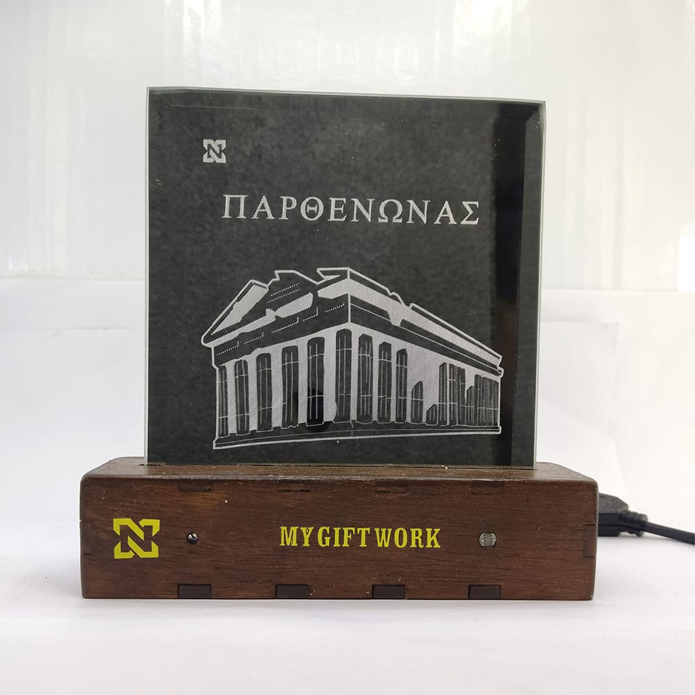 Ξύλινο φωτιζόμενο διακοσμητικό καθρέπτης Παρθενώνας βάση Καρυδιά.