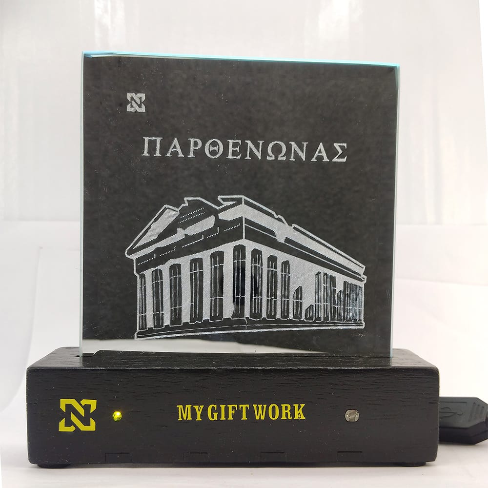 Ξύλινο φωτιζόμενο διακοσμητικό καθρέπτης Παρθενώνας βάση μαύρη.